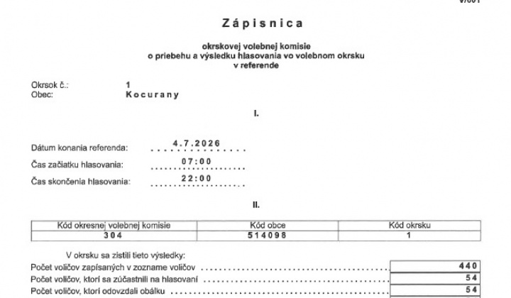 1. fotografia fotogalérie Aktuality / Zápisnica OVK Kocurany pre Referendum 2026 - foto